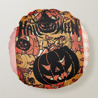 Halloween, Pumpkins Party , Black Pink, Round Pillow