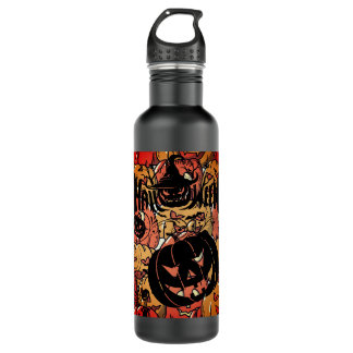 Halloween, Pumpkins Party, Black Pink Stainless Steel Water Bottle