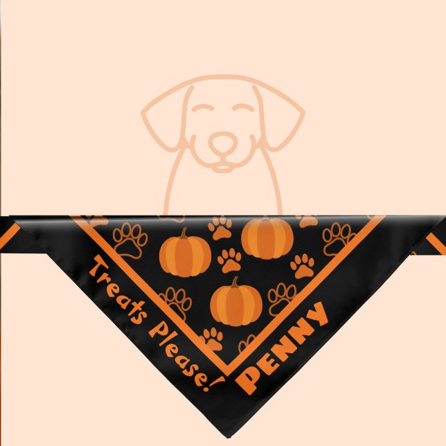 Halloween Pumpkins & Paws Personalized Dog Bandana (Treats Please! Halloween bandana personalized for your dog with cute pumpkins and paws pattern.)