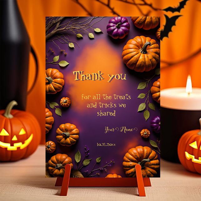 Halloween Pumpkins Save The Date (Halloween Thank You Card. customizable illustration full of pumpkins on orange and purple background)