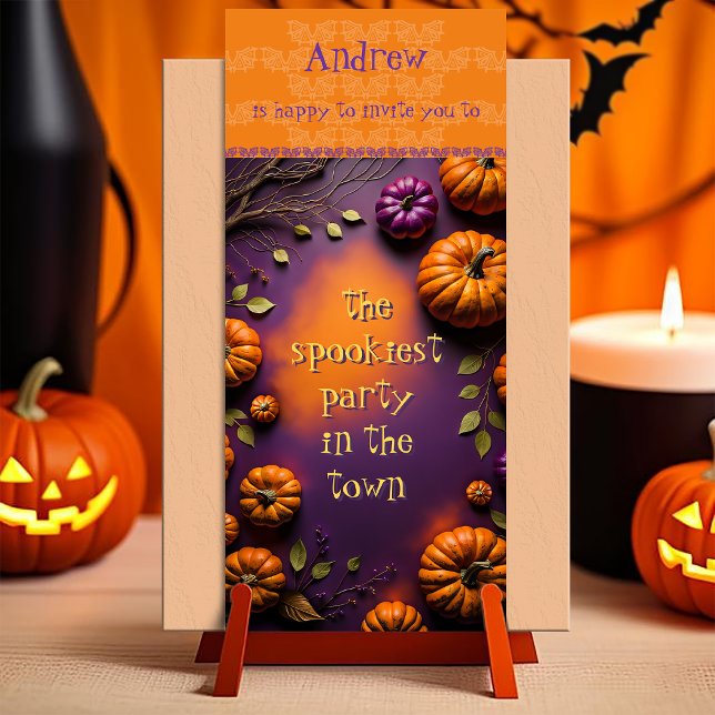 Halloween Pumpkins Save The Date (Halloween Invitation. customizable illustration full of pumpkins on orange and purple background)