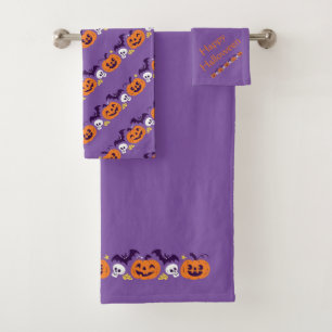 Halloween Pumpkins, Skulls and Bats Bath Towel Set