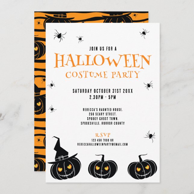Halloween Pumpkins Spiders Orange Party Invitation (Front/Back)