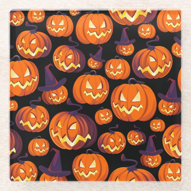 Halloween Pumpkins: Spooky Seamless Pattern. Glass Coaster (Front)
