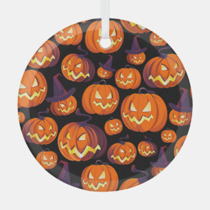 Halloween Pumpkins: Spooky Seamless Pattern. Glass Ornament