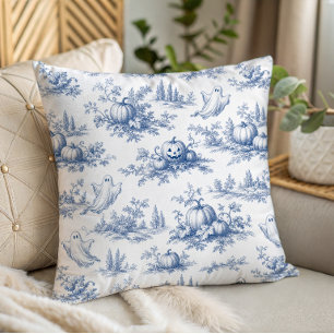 Halloween Pumpkins Toile de Jouy Pattern Blue Throw Pillow