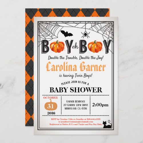 Halloween pumpkins twins baby boy shower rustic invitation