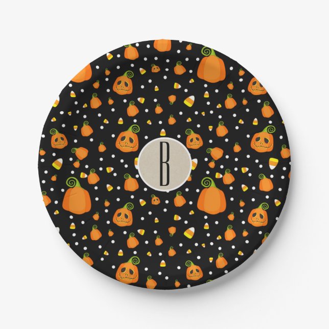 Halloween Pumpkins Whimsical Pattern Party Paper Plates (Front)