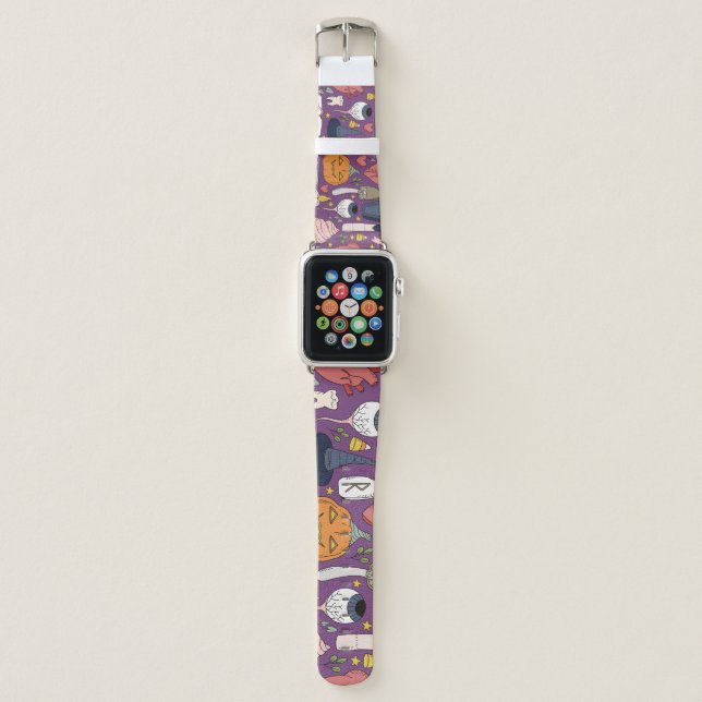 Halloween pumpkins, witchy seamless pattern. apple watch band (Front)