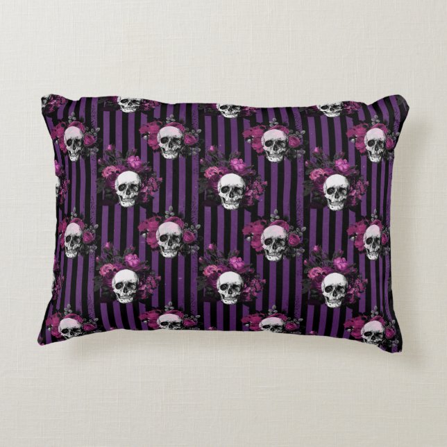 Halloween Purple and Black Floral Striped Skulls Accent Pillow (Back)