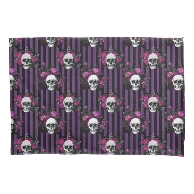 Halloween Purple and Black Floral Striped Skulls Pillow Case (Front)