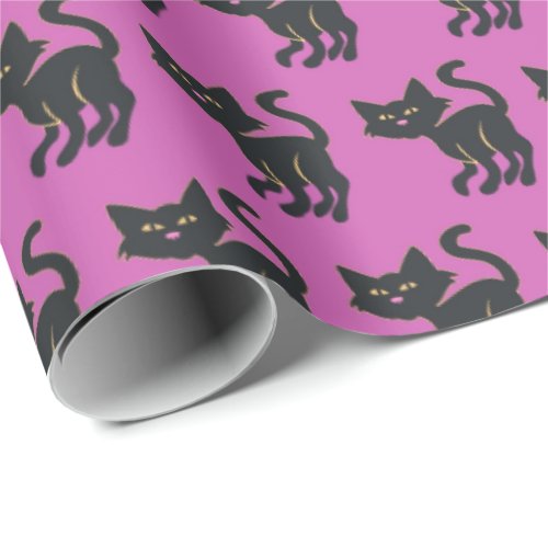 Halloween Purple and Cute Black Cat Pattern Wrapping Paper