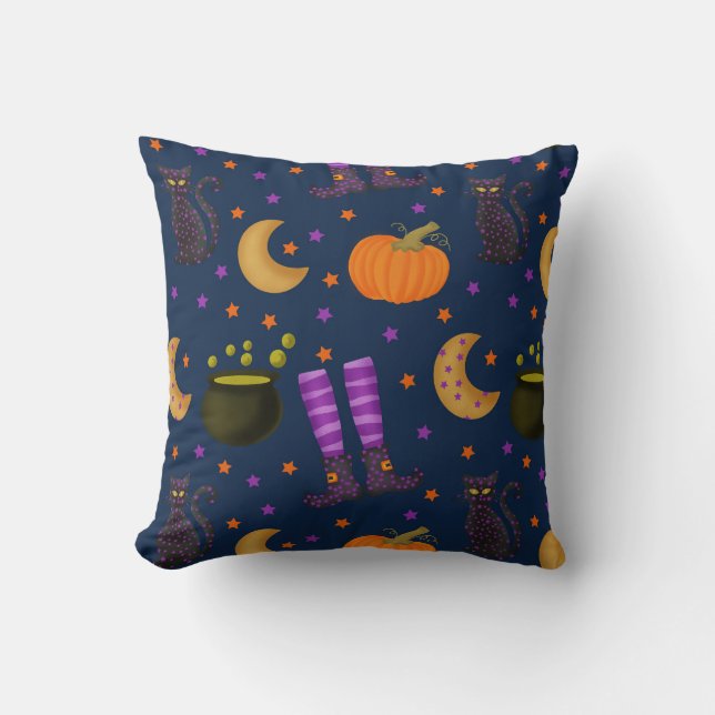 Halloween Purple and Orange Patterned Throw Pillow (Front)