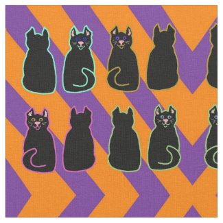 Halloween Purple and Orange Stripe Black Cats Fabric