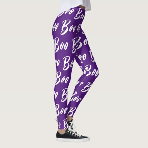 Halloween Purple and White boo text pattern Leggings