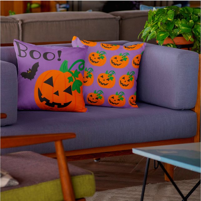 Halloween Purple Background Orange Jack O Lantern Throw Pillow (Spooky Shades of Purple Haze is all the rage this Halloween! )
