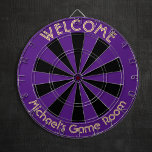 Halloween Purple Black Custom Metal Cage Game Room Dart Board<br><div class="desc">Create your own custom, personalized, fun, cool, stylish, halloween purple and black color, regulation size (18"diameter, 1"h) aluminum frame metal cage dart board. Comes with 6 brass darts (3 American flag dart flights and 3 UK dart flights). You may mount it anywhere – above your wastebasket at work or on...</div>