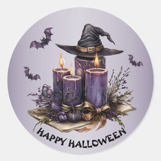 Halloween Purple Candles Bats Spooky Scary Classic Round Sticker (Front)