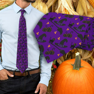 Halloween Purple Cats Witch Hat pattern Neck Tie