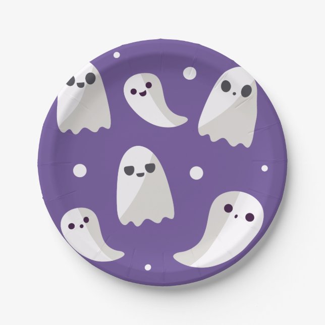 Halloween Purple Cute Ghost Pattern Paper Plates (Front)