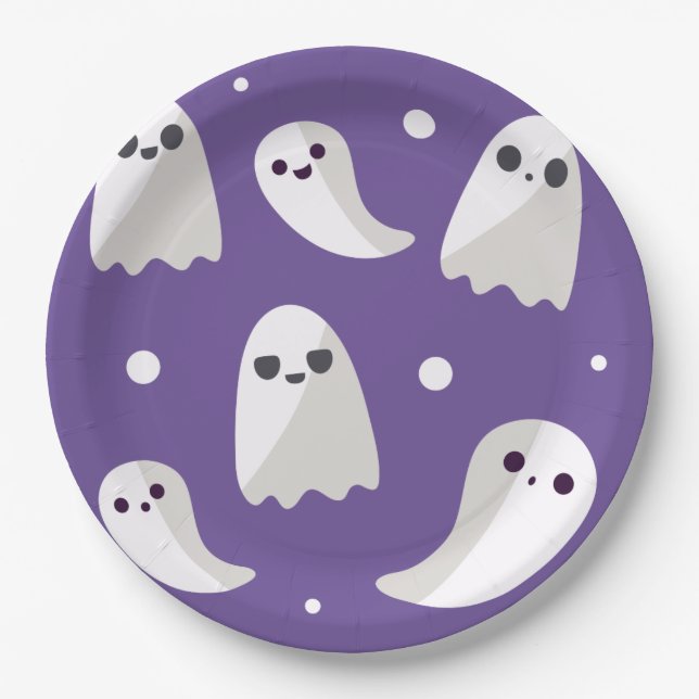 Halloween Purple Cute Ghost Pattern Paper Plates (Front)