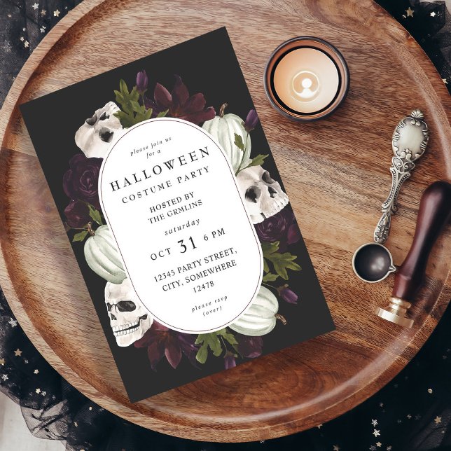 Halloween Purple Floral & Skull Party Invitation (Creator Uploaded)