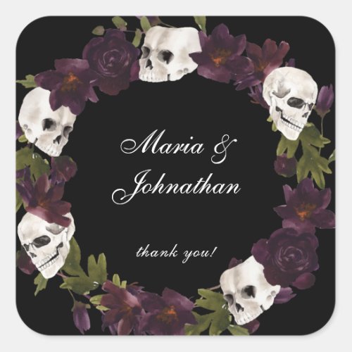 Halloween Purple Floral  Skull Thank You Square Sticker