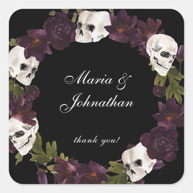 Halloween Purple Floral & Skull Thank You Square Sticker (Front)