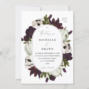 Halloween Purple Floral & Skull Wedding White Invitation