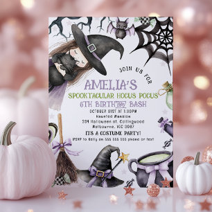 Halloween Purple Green Little Witch Birthday  Invitation