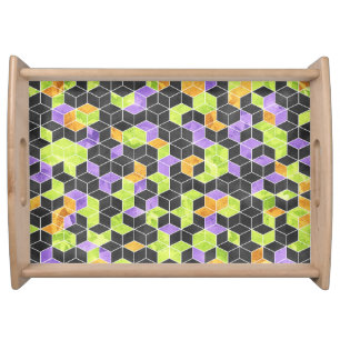 HALLOWEEN PURPLE GREEN ORANGE BLACK CUBE PATTERNS SERVING TRAY