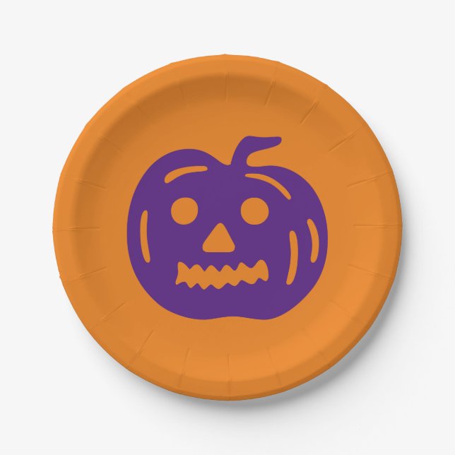 Halloween purple & orange jack o lantern spooky paper plates (Front)