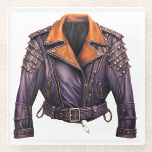 HALLOWEEN PURPLE & ORANGE LEATHER JACKET GLASS COASTER