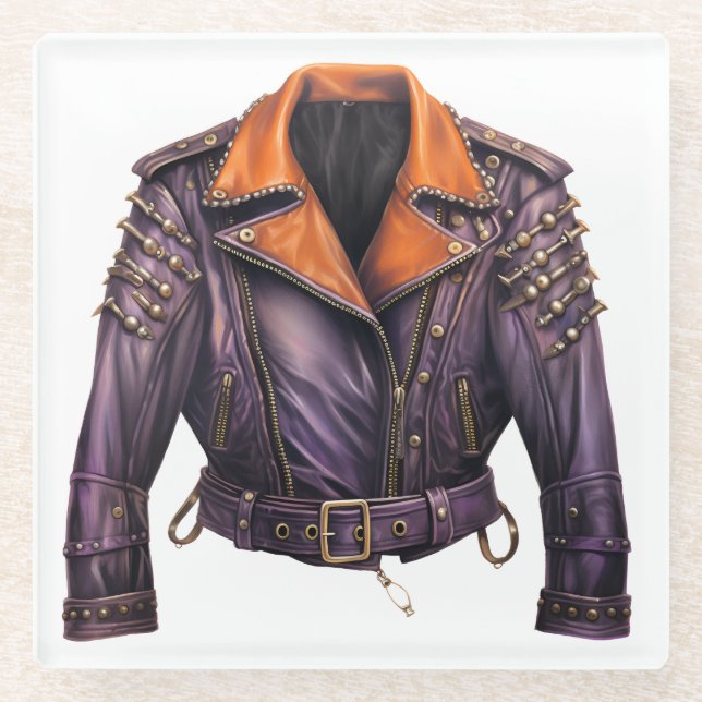 HALLOWEEN PURPLE & ORANGE LEATHER JACKET GLASS COASTER (Front)