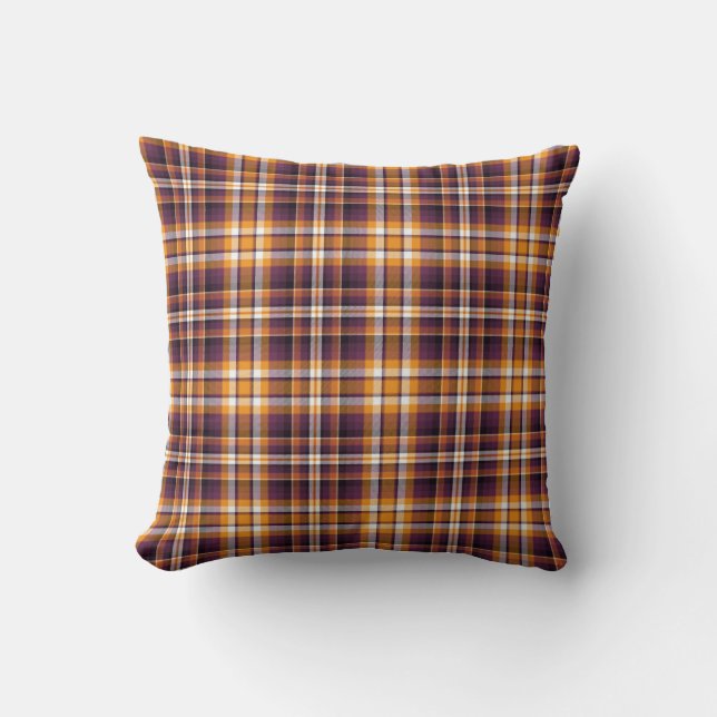 Halloween Purple & Orange Plaid Pattern Throw Pillow (Front)