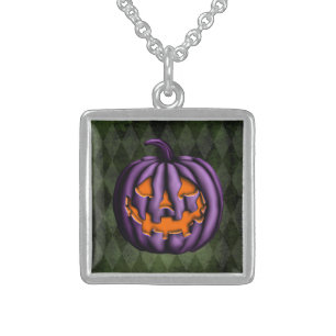 Halloween Purple Pumpkin Green Grunge Sterling Silver Necklace