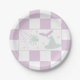 Halloween Purple Spooky Season Checkerboard Paper Plates