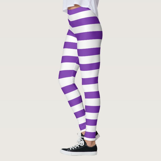 Halloween Purple & White Horizontal Stripes Witch Leggings (Left)