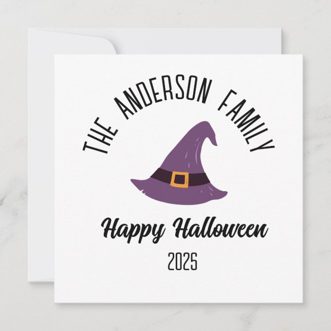 Halloween Purple Witch Hat Personalized Name Holiday Card (Front)