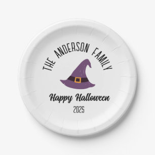 Halloween Purple Witch Hat Personalized Name Paper Plates