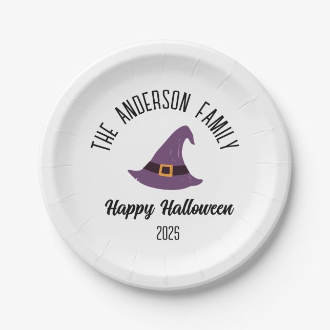 Halloween Purple Witch Hat Personalized Name Paper Plates (Front)