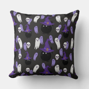 HALLOWEEN PURPLE WITH BLACK CATS & WHITE GHOSTS THROW PILLOW