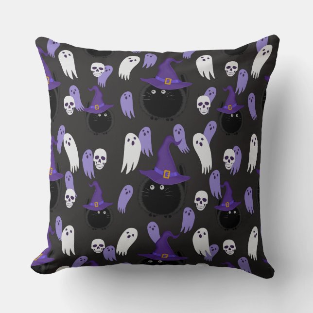 HALLOWEEN PURPLE WITH BLACK CATS & WHITE GHOSTS THROW PILLOW (Front)