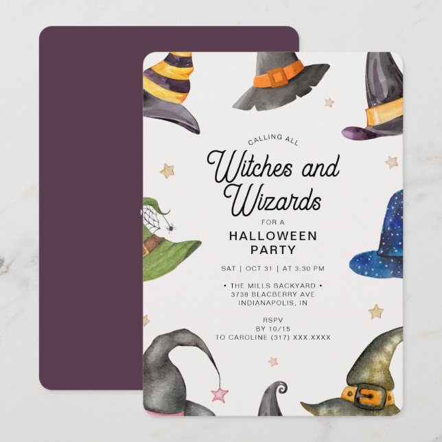 Halloween Purple Wizards & Witches  Party Invitation (Front/Back)