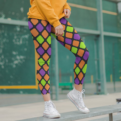 Halloween Quatrefoil Pattern Orange Purple Green Leggings