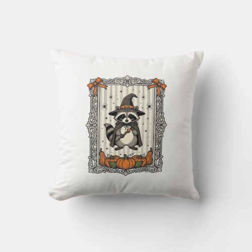 Halloween Raccoon Witch Pumpkin Vintage Cute_1 Throw Pillow