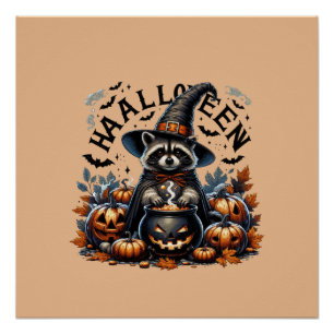 Halloween Raccoon Witch with Pumpkin Cauldron Poster