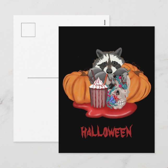 Halloween Raccoon with skull and pumpkins  Holiday Postcard (Front/Back)