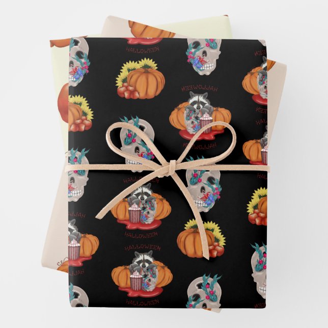 Halloween Raccoon with skull and pumpkins Wrapping Paper Sheets (In situ)