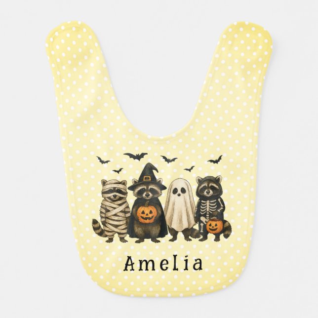 Halloween Raccoons - Mummy, Witch, Skeleton, Ghost Baby Bib (Front)